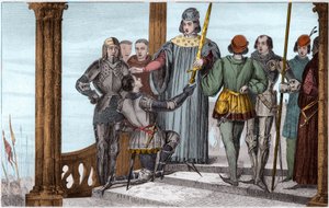 يقدم تشارلز الخامس (1358-80) الحكيم سيفه إلى Duguesdin - يقدم Charles V Le sage (1338-1380) رسمياً سيف Bertrand du Guesclin (1320-1380) - نقش 1825 في "Histoire de France ممثلة بلوحات إجمالية المخلص إلى بواسطة أمبرواز تارديو