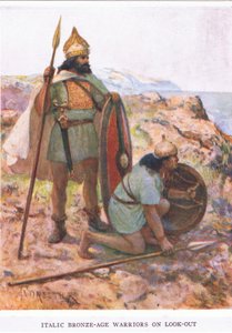 محاربون مائلون من العصر البرونزي ينظرون إلى الخارج ، رسم توضيحي من "الجندي الروماني" بواسطة أميدي فوريستير