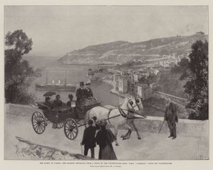 الملكة في Cimiez ، جلالة العائدين من رحلة بالسيارة على طريق Villefranche ، HMS Cambrian ملقاة على Villefranche