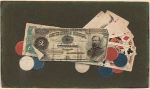 Trompe l'Oeil: منزل كامل بالرقائق ، فواتير بقيمة 2 دولار و 5 دولارات بواسطة القرن التاسع عشر الأمريكي