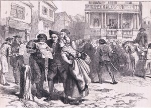 سكان بوسطن يقرؤون قانون الطوابع ، رسم توضيحي من Cassells History of the United States نشره Cassell، Petter & Galpin، c1900 (litho) بواسطة مدرسة اللغة الإنجليزية الأمريكية