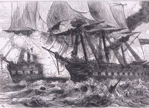 القتال بين Chesapeake و Shannon ، رسم توضيحي من Cassells History of the United States نشره Cassell ، Petter & Galpin ، c1900 (litho) بواسطة مدرسة اللغة الإنجليزية الأمريكية