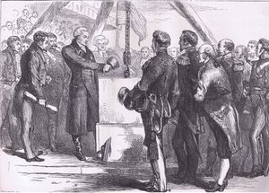 لافاييت يضع حجر الزاوية لنصب بونكر هيل التذكاري ، رسم توضيحي من Cassells History of the United States نشره Cassell، Petter & Galpin، c1900 (litho) بواسطة مدرسة اللغة الإنجليزية الأمريكية