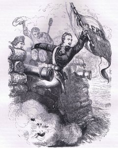 الرقيب جاسبر يستعيد العلم ، رسم توضيحي من Cassells History of the United States نشره Cassell، Petter & Galpin، c1900 (litho) بواسطة مدرسة اللغة الإنجليزية الأمريكية