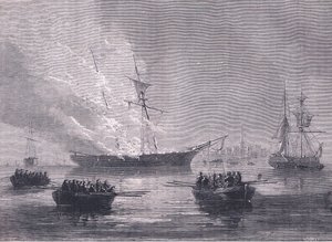 حرق جاسبي ، رسم توضيحي من Cassells History of the United States نشره Cassell، Petter & Galpin، c1900 (litho) بواسطة مدرسة اللغة الإنجليزية الأمريكية