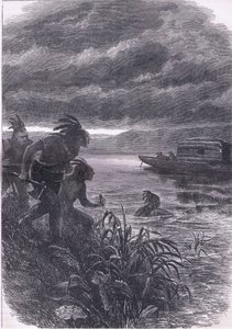 هاجم التجار في أوهايو من قبل المتوحشين ، رسم توضيحي من Cassells History of the United States نشره Cassell ، Petter & Galpin ، c1900 (litho) بواسطة مدرسة اللغة الإنجليزية الأمريكية