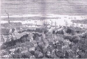 منظر بوسطن بواسطة Bunkers Hill ، رسم توضيحي من Cassells History of the United States نشره Cassell، Petter & Galpin، c1900 (litho) بواسطة مدرسة اللغة الإنجليزية الأمريكية