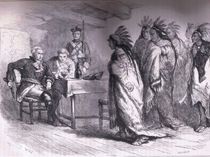 زيارة بونتياك والهنود إلى الرائد جلادوين 1763 ، رسم توضيحي من Cassells History of the United States نشره Cassell، Petter & Galpin، c1900 (litho) بواسطة مدرسة اللغة الإنجليزية الأمريكية