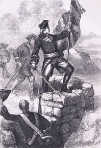 واشنطن تزرع العلم البريطاني في Fort Duquesne ، رسم توضيحي من Cassells History of the United States نشره Cassell ، Petter & Galpin ، c1900 (litho) بواسطة مدرسة اللغة الإنجليزية الأمريكية