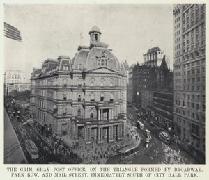 The Grim ، Gray Post Office ، على المثلث الذي شكله Broadway و Park Row و Mail Street ، جنوب City Hall Park مباشرة (b / w photo) بواسطة مصور أمريكي