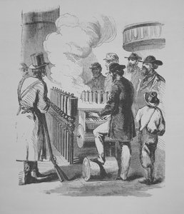 A Steam-powered calliope, used on American steamboats, c.1870 (engraving) بواسطة المدرسة الأمريكية