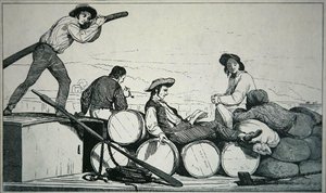 زورق مسطح يحمل البضائع على نهر المسيسيبي ، حوالي 1840 (نقش) بواسطة المدرسة الأمريكية