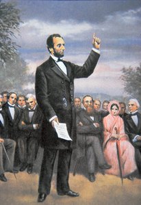 Abraham Lincoln (1809-65) delivering the Gettysburg address at Gettysburg, Pennsylvania, November 1863 (colour litho) بواسطة المدرسة الأمريكية
