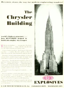 إعلان يضم مبنى كرايسلر ، من مجلة DuPont ، مايو 1930 بواسطة المدرسة الأمريكية