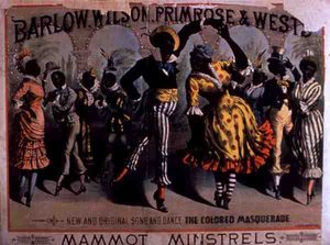 إعلان عن "The Coloured Masquerade" ، أغنية ورقص من قبل Mammot Minstrels ، قدمه بارلو ، ويلسون ، زهرة الربيع والغرب (لون ليثو) بواسطة المدرسة الأمريكية