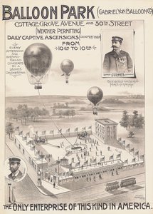 ملصق إعلاني لـ Balloon Park في شيكاغو ، الولايات المتحدة الأمريكية ، حوالي 1888 بواسطة المدرسة الأمريكية