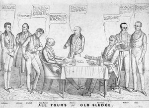 All Fours or Old Sludge ، رسم كاريكاتوري سياسي يصور الرئيس مارتن فان بيورين (1782-1862) يلعب ضد وليام هنري هاريسون (1773-1841) وسط رجال دولة وسياسيين آخرين ، 1836 (ليثو بواسطة المدرسة الأمريكية