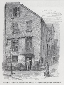 Groggery الزاوية القديمة بالقرب من Tenement-House District (litho) بواسطة المدرسة الأمريكية