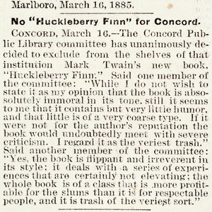 مقالة في صحيفة بوسطن ديلي جلوب بشأن حظر Huckleberry Finn في كونكورد ، ماساتشوستس ، من 16 مارس 1885 (ورق الصحف) بواسطة المدرسة الأمريكية