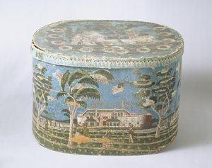 صندوق باند مغطى بورق مطبوع يوضح منظر القلعة ، c.1835 (من الورق المقوى والورق) بواسطة المدرسة الأمريكية