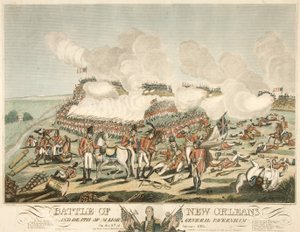معركة نيو أورلينز وموت اللواء باكنهام في الثامن من يناير 1815 ، حانة. 1815 (نقش ملون) بواسطة المدرسة الأمريكية