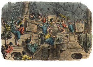 حفلة شاي بوسطن ، حوالي عام 1860 (نقش ملون يدويًا) بواسطة المدرسة الأمريكية
