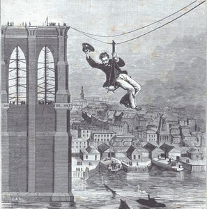 Brooklyn Bridge under construction; Mr Farrington, chief construction supervisor, is first to cross the span between the two pylons on 25 August 1876 (engraving) بواسطة المدرسة الأمريكية