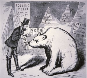 Cartoon depicting American politician trying to find voters in Uninhabited Alaska بواسطة المدرسة الأمريكية