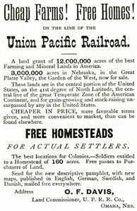 مزارع رخيصة ومنازل مجانية على خط السكة الحديد Union Pacific ، إعلان من Appletons Journal ، 4 مايو 1872 بواسطة المدرسة الأمريكية