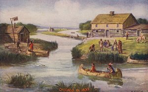 شيكاغو: شيكاغو عام 1833 (لون ليثو) بواسطة المدرسة الأمريكية