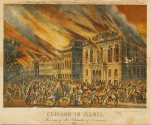 Chicago in Flames: Burning of the Chamber of Commerce (colour litho) بواسطة المدرسة الأمريكية
