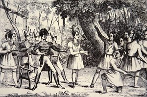 الزعيم تيكومسيه (1768-1813) يتحدى الجنرال هاريسون (1773-1841) (نقش) بواسطة المدرسة الأمريكية