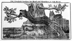 العقيد ديفي كروكيت ينقع رأسه وكتفيه في سولت ريفر ، من كروكتس ألمانك ، 1837 (ورق الصحف) بواسطة المدرسة الأمريكية
