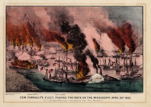 كوم. أسطول فاراغوتس ، يمر بالحصون في المسيسيبي ، 24 أبريل 1862 ، حانة. بواسطة Currier & Ives ، 1862