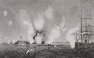 قتال بين الكونفدرالية CSS فرجينيا (يسار) ومرصد USS US (في الوسط) في 9 مارس 1862 في هامبتون رودز ، فيرجينيا (انظر 254609 لمزيد من التفاصيل) بواسطة المدرسة الأمريكية