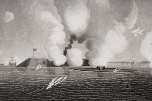 قتال بين الكونفدرالية CSS فرجينيا (يسار) ومرصد يو إس إس USS (يمين) في 9 مارس 1862 في هامبتون رودز ، فيرجينيا (تفاصيل 254608) بواسطة المدرسة الأمريكية