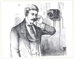 مكثف الهاتف قيد الاستخدام ، من الهاتف الكهربائي بواسطة جورج بارتليت بريسكوت (م 1830) ، 1890 بواسطة المدرسة الأمريكية