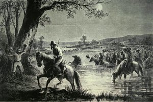 الجيش الكونفدرالي يعبر خنادق نهر بوتوماك أثناء غزو ماريلاند عام 1862 (ليتو) بواسطة المدرسة الأمريكية