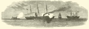 الكباش الكونفدرالية تشتبك مع أسطول الحصار قبالة تشارلستون ، يناير 1863 بواسطة المدرسة الأمريكية