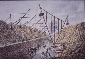 Construction derricks near Lockport, Erie Canal (coloured engraving) بواسطة المدرسة الأمريكية