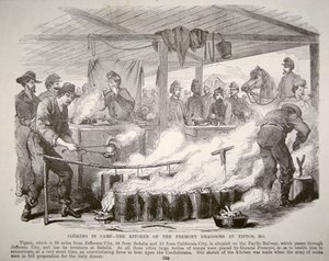 Cooking in camp - The kitchen of the Fremont Dragoons at Tipton, Missouri (engraving) بواسطة المدرسة الأمريكية