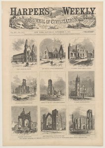 غلاف لـ Harpers Weekly يعرض مشاهد للكنائس المدمرة في شيكاغو ، 11 نوفمبر 1871 بواسطة المدرسة الأمريكية