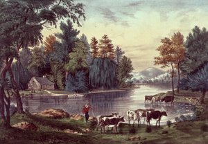 الأبقار على شاطئ بحيرة ، نشرها ناثانيل كورير (1813-1888) وجيمس ميريت إيفز (1823-1895) (ليثو اللون) بواسطة المدرسة الأمريكية