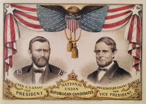 ملصق انتخابي للانتخابات الرئاسية الأمريكية لعام 1868 يصور يوليسيس غرانت وشويلر كولفاكس ، 1868