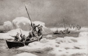 إليشا كينت كين، قائد بعثة غرينيل الثانية عام 1853، بحثًا عن رحلة الكابتن السير جون فرانكلين المفقودة في مناطق القطب الشمالي، من تاريخ بلدنا، نُشر عام 1905 (litho) بواسطة المدرسة الأمريكية