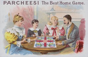 عائلة تلعب لعبة Parcheesi (Chromolitho) بواسطة المدرسة الأمريكية