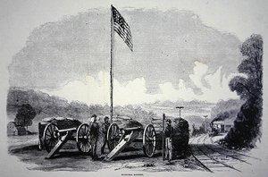 بطارية كيس الرمل الفيدرالية لحماية السكك الحديدية خلال الحرب الأهلية الأمريكية (1861-1865) (ليثو) بواسطة المدرسة الأمريكية