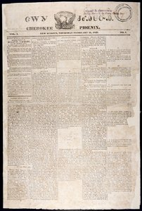الصفحة الأولى من شيروكي فينيكس ، 21 فبراير 1828 (مطبوعة) بواسطة المدرسة الأمريكية
