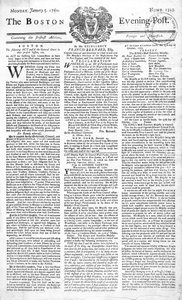 الصفحة الأولى من بوسطن إيفننج بوست تعلن وفاة الملك جورج الثاني (1683-1760) ، 5 يناير 1761 (طباعة) بواسطة المدرسة الأمريكية