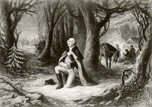 جورج واشنطن يصلي في معسكر الحرب الثورية الأمريكية في وادي فورج خلال شتاء 1777-1778 ، بعد لوحة رسمها هنري بروكينر بواسطة المدرسة الأمريكية